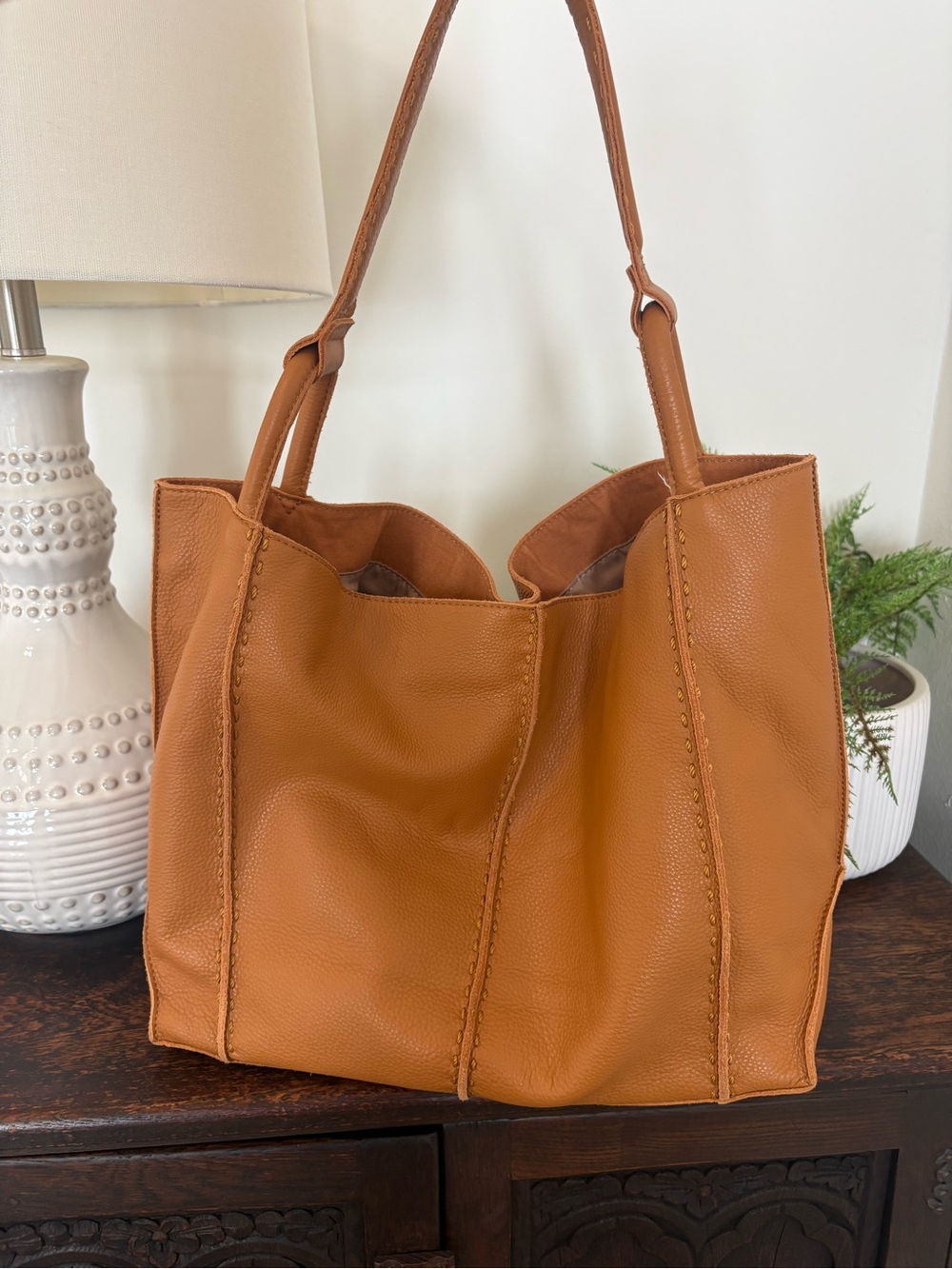 The Sak Los Feliz Large Leather Tote Bag in Tan Orange